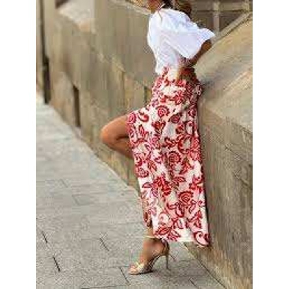 Floral Side Slit Maxi Skirt Women Size S Red White